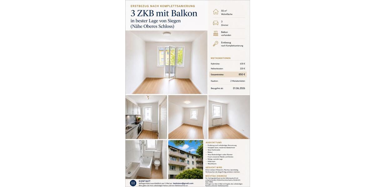 Etagenwohnung Siegen Kaan-Marienborn - 3 Zimmer, 55 m&sup2;, 630&euro; | Angebot:26546040